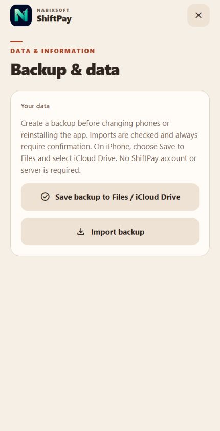 ShiftPay backup and data page