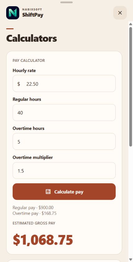 ShiftPay pay and hours calculators page