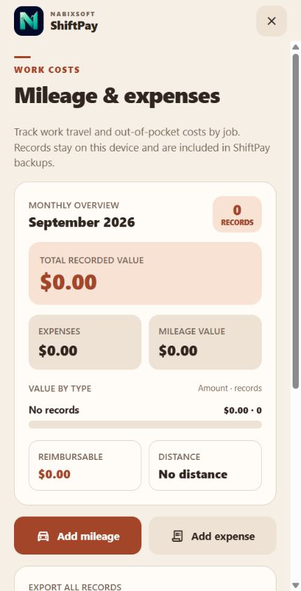 ShiftPay mileage and expenses page