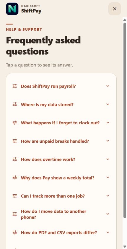 ShiftPay frequently asked questions page