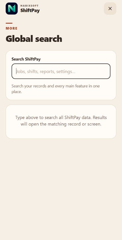 ShiftPay Global Search page
