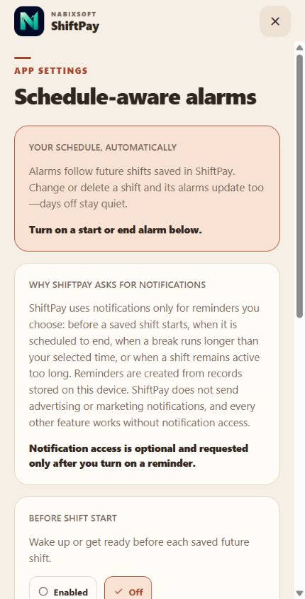 ShiftPay notifications page