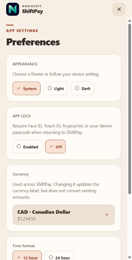 ShiftPay preferences page