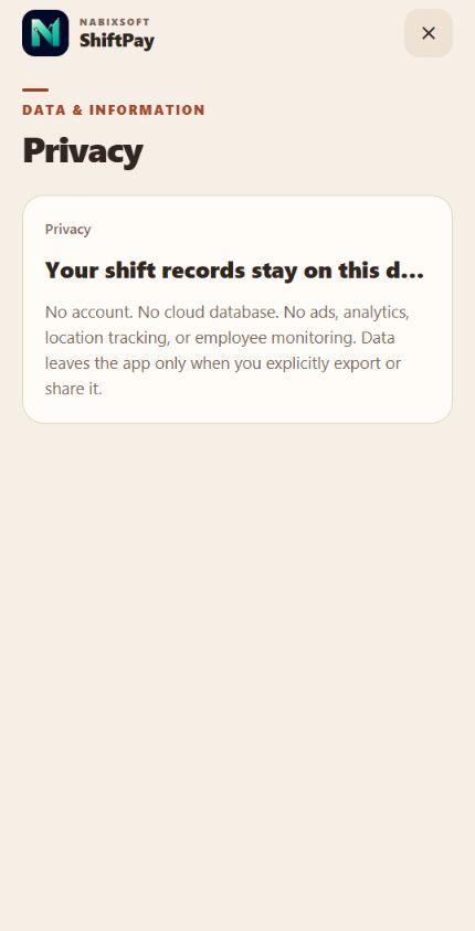 ShiftPay in-app privacy page