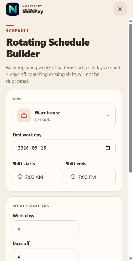 ShiftPay rotating schedule builder page