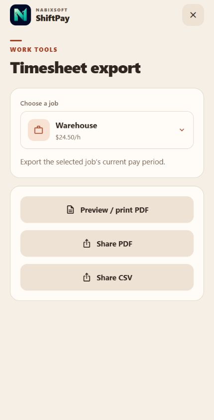 ShiftPay timesheet export page