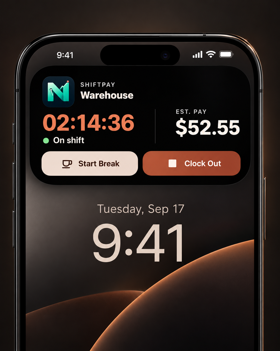 ShiftPay expanded Dynamic Island showing an active Warehouse shift, elapsed time, estimated pay, and quick actions