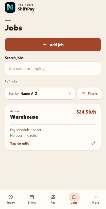 ShiftPay Jobs screen