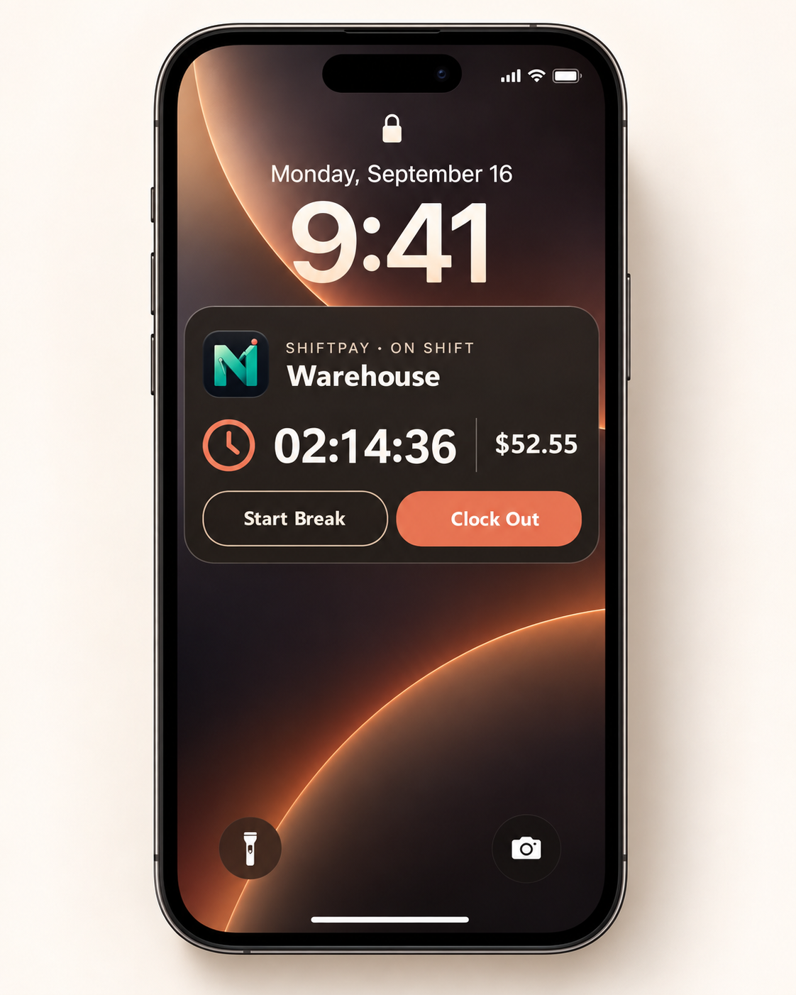ShiftPay iPhone Lock Screen Live Activity showing an active Warehouse shift and quick actions