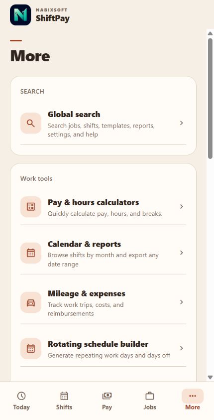 ShiftPay More screen